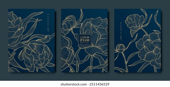 Vector golden roses, peonies art deco patterns. Line flowers texture covers. Luxury black line flyers, brochures, package design, social media post, banners