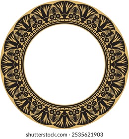 Vetor dourado em volta da fronteira egípcia. Ornamento de círculo da África antiga. Padrão de flores de lótus e sol.
