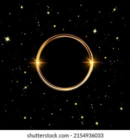 Vector golden round frame. Shining circle banner with stars on black background. Sparkling glittering border Vector illustration