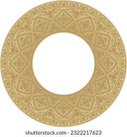 Vector golden round Kazakh national ornament. Ethnic pattern of the peoples of the Great Steppe, Mongols, Kyrgyz, Kalmyks, Buryats. circle, frame border.
