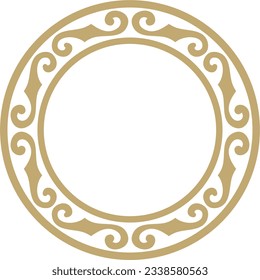 Vector golden round Kazakh national ornament. Ethnic pattern of the peoples of the Great Steppe, Mongols, Kyrgyz, Kalmyks, Buryats. circle, frame border.
