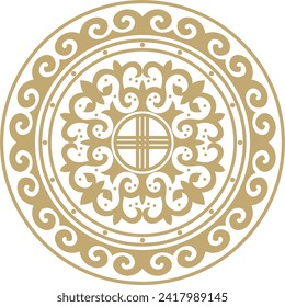 Vector golden round Kazakh national ornament. Ethnic pattern of the peoples of the Great Steppe, Mongols, Kyrgyz, Kalmyks, 
Buryats. circle, frame border.