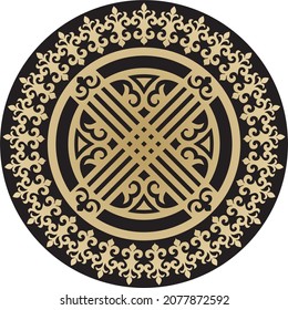 Vector golden round kazakh ornament shanyrak. circle on the roof of the yurt. Patterns of the peoples of the great steppe. Asian border in a circle. Mongolia, Kalmykia, Bashkiria, Buryatia, Kyrgyzstan