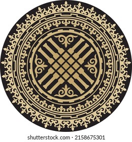 Vector golden round kazakh ornament shanyrak. circle on the roof of the yurt. Patterns of the peoples of the great steppe. Asian border in a circle. Mongolia, Kalmykia, Bashkiria, Buryatia, Kyrgyzstan