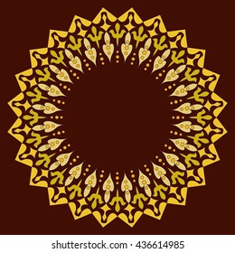 Vector golden round lace frame. Greeting card with place for text. 