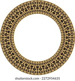 Ornamento vectorial de oro redondo del antiguo Egipto. Borde circular, marco en pirámides