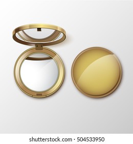 Vector Golden Round Pocket Cosmetic Make up Small Mirror Isolated on White Background