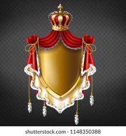 Vector golden royal coat of arms with crown, shield and fringe fur. Template of gold label for companies, business. Elegant premium element for advertising, promotion or web design