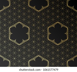 Vector golden sacred geometric seamless pattern with motif lotus and flower of life on black background.