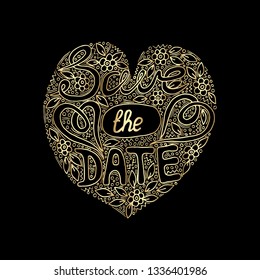 Vector golden Save the date words hand written custom calligraphy isolated on black. Elegant ornate gold lettering.
