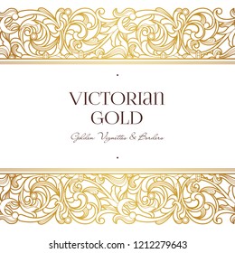 Vector golden seamless border for design template. Element in Victorian style. Luxury floral frame. Ornate decor for premium qulity invitations, greeting cards.