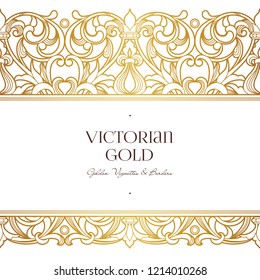 Vector golden seamless border for design template. Element in Victorian style. Luxury floral frame. Ornate decor for premium qulity invitations, greeting cards.