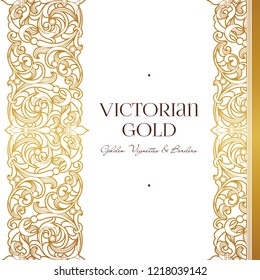 Vector golden seamless border for design template. Element in Victorian style. Luxury floral frame. Ornate decor for premium qulity invitations, greeting cards.