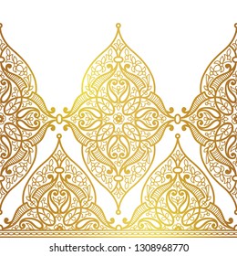 Vector golden seamless border for design template. Luxury ornament in Eastern style. Golden floral illustration. Ornate element for invitations, greeting cards, certificate, labels, badges, tags