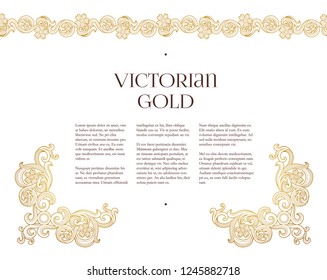 Vector golden seamless border, vignettes for design template. Elements in Victorian style. Luxury floral frame. Ornate decor for invitations, greeting cards, thank you message.