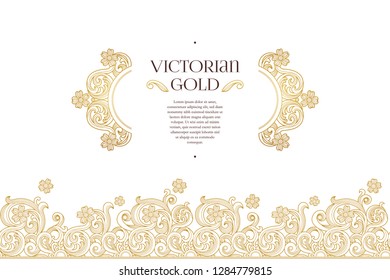 Vector golden seamless border, vignettes for design template. Elements in Victorian style. Luxury floral frame. Ornate decor for invitations, greeting cards, thank you message.