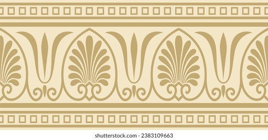 Ornamento griego clásico sin fisuras vectorial dorado. Un interminable patrón europeo. Frontera, encuadrando la Antigua Grecia, Imperio Romano.
