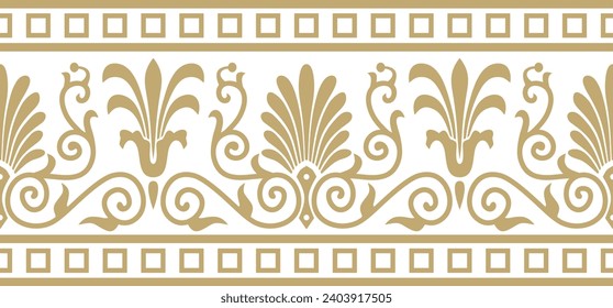 Vector golden seamless classic greek ornament. Endless European pattern. Border, frame Ancient Greece, Roman Empire.
