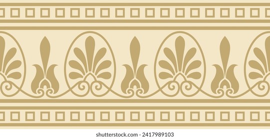 Ornamento griego clásico sin fisuras vectorial dorado. Un interminable patrón europeo. Frontera, encuadrando la Antigua Grecia, Imperio Romano.
