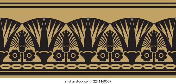 Vector golden seamless Egyptian border. Endless ornament of Ancient Africa. Pattern of lotus flowers and sun.
