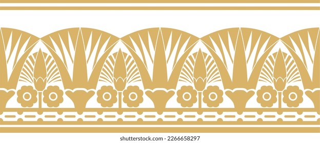 Vector golden seamless Egyptian border. Endless ornament of Ancient Africa. Pattern of lotus flowers and sun.
