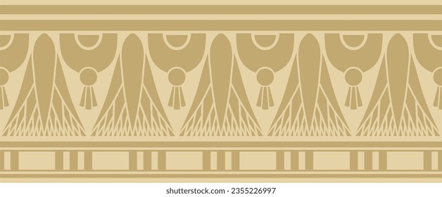 Frontera egipcia sin fisuras de oro vectorial. Interminable ornamento de la antigua África. Patrón de flores de loto y sol.
