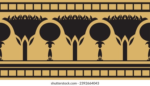 Vector golden seamless Egyptian border. Endless ornament of Ancient Africa. Pattern of lotus flowers and sun.
