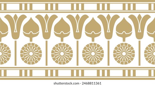 Vector golden seamless Egyptian border. Endless ornament of Ancient Africa. Pattern of lotus flowers and sun.
