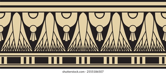 Vector golden seamless Egyptian border. Endless ornament of Ancient Africa. Pattern of lotus flowers and sun.
