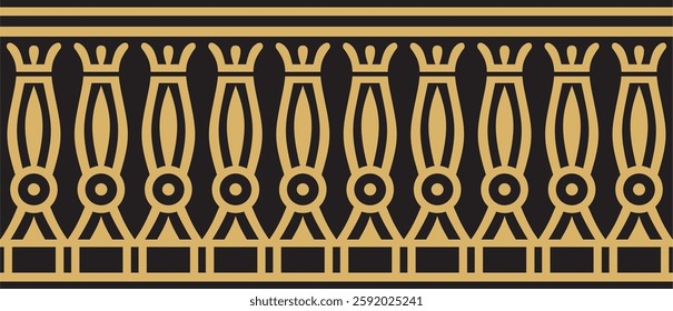 Vector golden seamless Egyptian border. Endless ornament of Ancient Africa. Pattern of lotus flowers and sun.
