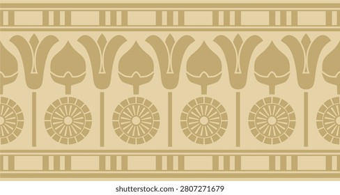 Vector golden seamless Egyptian border. Endless ornament of Ancient Africa. Pattern of lotus flowers and sun.

