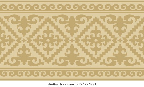 Vector golden seamless Kazakh national ornament. Ethnic endless pattern of the peoples of the Great Steppe, Mongols, Kyrgyz, Kalmyks, 
Buryats. circle, frame border.