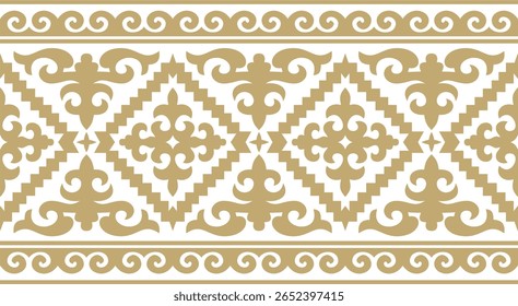 Vetor dourado sem emenda nacional cazaque. Padrão étnico interminável dos povos da Grande Estepe, Mongóis, Quirguistão, Calmuques, 
Buryats, círculo, moldura.