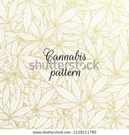 Vector golden seamless line graphic pattern with chaotic cannabis leaves.