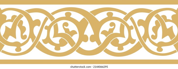 Vector golden seamless oriental national ornament. Endless ethnic floral border, arab peoples frame. Persian painting.
