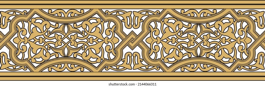 Vector golden seamless oriental national ornament. Endless ethnic floral border, arab peoples frame. Persian painting.
