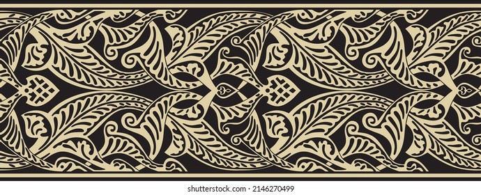 Vector golden seamless oriental national ornament. Endless ethnic floral border, arab peoples frame. Persian painting.