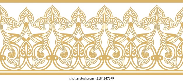 Vector golden seamless oriental national ornament. Endless ethnic floral border, arab peoples frame. Persian painting.