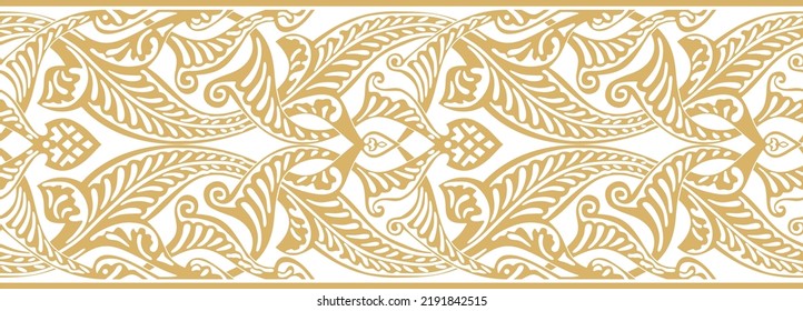 Vector golden seamless oriental national ornament. Endless ethnic floral border, arab peoples frame. Persian painting.