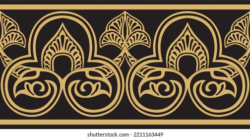 Vector golden seamless oriental national ornament. Endless ethnic floral border, arab peoples frame. Persian painting.