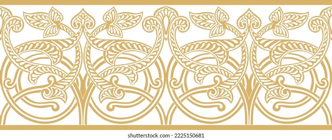 Vector golden seamless oriental national ornament. Endless ethnic floral border, arab peoples frame. Persian painting.