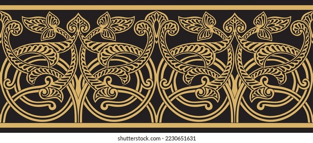 Vector golden seamless oriental national ornament. Endless ethnic floral border, arab peoples frame. Persian painting.