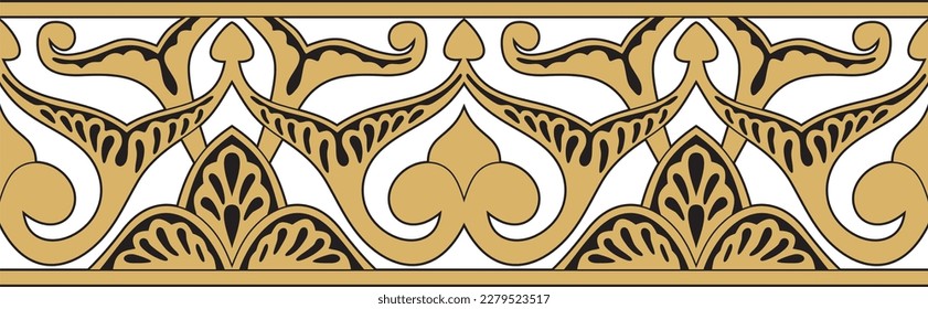 Vector golden seamless oriental national ornament. Endless ethnic floral border, arab peoples frame. Persian painting.