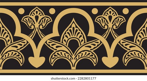 Vector golden seamless oriental national ornament. Endless ethnic floral border, arab peoples frame. Persian painting.