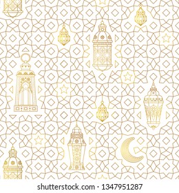 Vector golden seamless pattern with arabic lamps. Gold geometric ornament. Luxury wallpaper in Eastern style. Decoration for background for Muslim feast of the holy of Ramadan month. Islamic motifs.