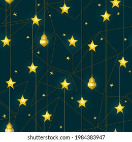 Vector golden seamless pattern with arabic lamps. Gold geometric ornament. Luxury wallpaper in Eastern style. Decoration for background for Muslim feast of the holy of Ramadan month. Islamic motifs.