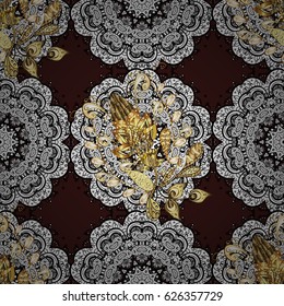 Vector golden seamless pattern. Backdrop, fabric, gold wallpaper. Flat hand drawn vintage collection. Golden pattern on brown background with golden elements.