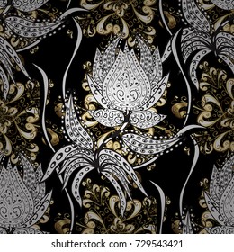 Vector golden seamless pattern. Backdrop, fabric, gold wallpaper. Flat hand drawn vintage collection. Golden pattern on black, white and gray colors with golden elements.