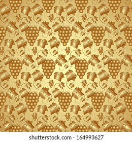 Vector Golden Seamless Pattern Background with Grapes and Leaves
