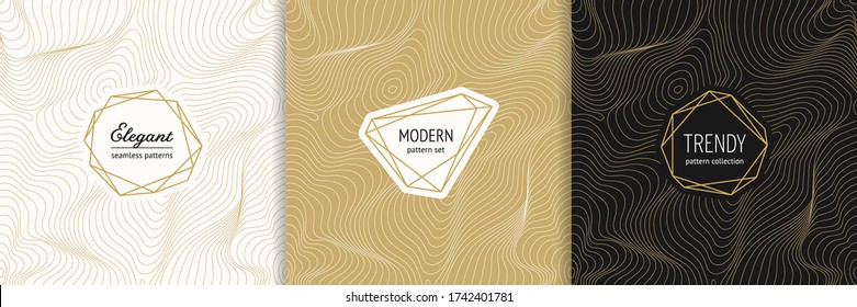 Vector golden seamless pattern collection with modern minimal labels. Luxury minimalist linear gold backgrounds with thin curved lines. Metal foil abstract texture. Dynamic surface. Trendy design